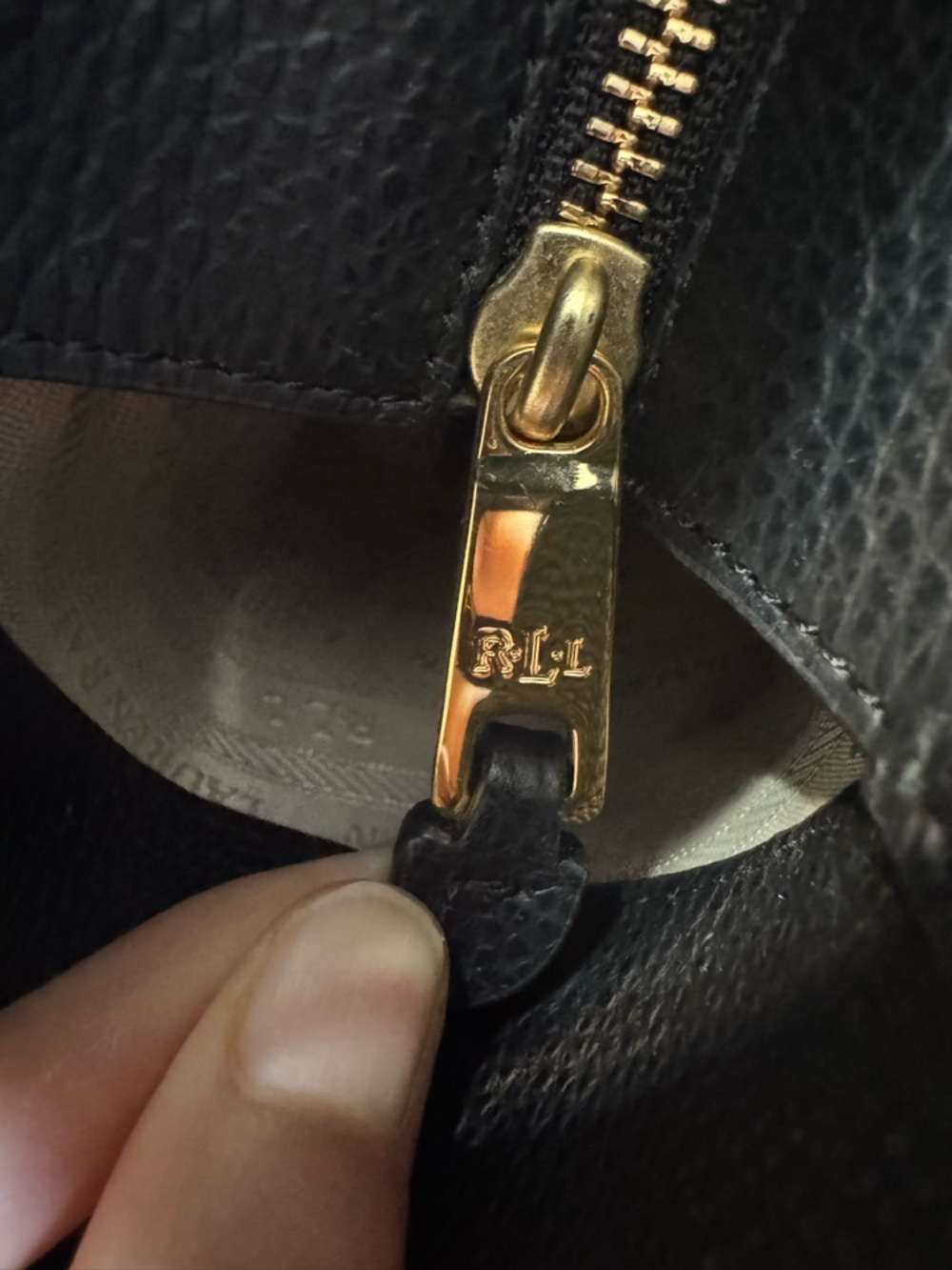 Lauren Ralph Lauren Black and Beige Pebbled Leather Satchel with Gold RL Accent - Picture 12 of 14